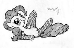 Size: 800x526 | Tagged: safe, artist:jcosneverexisted, derpibooru import, pinkie pie, earth pony, pony, clothes, monochrome, socks, solo, striped socks, traditional art