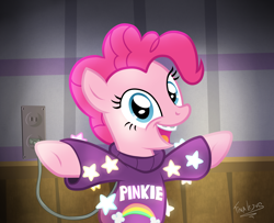 Size: 1600x1300 | Tagged: safe, artist:tina-de-love, pinkie pie, earth pony, pony, braces, clothes, gravity falls, mabel pines, plug, rainbow, solo, stars, sweater, ungrounded socket, younger