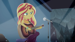 Size: 1920x1080 | Tagged: safe, screencap, sunset shimmer, better together, equestria girls, let it rain, acoustic guitar, beautiful, cute, guitar, microphone, musical instrument, shimmerbetes, solo