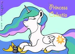 Size: 1024x742 | Tagged: safe, artist:puffydearlysmith, princess celestia, alicorn, pony, crown, eyes closed, female, jewelry, mare, mp3 player, prone, regalia, smiling