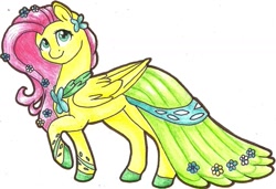 Size: 1024x699 | Tagged: safe, artist:twixyamber, fluttershy, pegasus, pony, clothes, dress, gala dress, solo, traditional art