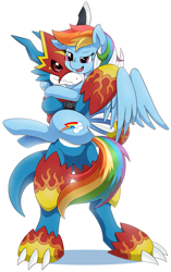 Size: 1256x2000 | Tagged: safe, artist:vavacung, derpibooru import, rainbow dash, pegasus, pony, crossover, digimon, female, flamedramon, implied shipping, male