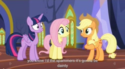 Size: 1277x712 | Tagged: safe, screencap, applejack, fluttershy, twilight sparkle, twilight sparkle (alicorn), alicorn, earth pony, pegasus, pony, party pooped, female, mare, meme, youtube caption