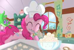 Size: 2993x2018 | Tagged: safe, artist:shutterflyeqd, gummy, pinkie pie, earth pony, pony, baking, bowl, food, mixing bowl