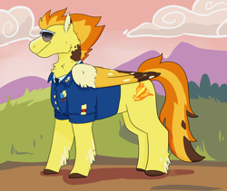 Size: 3800x3200 | Tagged: safe, artist:flyingeevee, derpibooru import, spitfire, pegasus, pony, clothes, coat markings, colored wings, cutie mark, female, mare, profile, road, smiling, solo, sunglasses, uniform