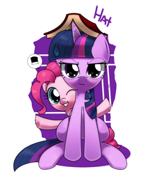 Size: 1260x1530 | Tagged: safe, artist:hoyeechun, derpibooru import, pinkie pie, twilight sparkle, earth pony, pony, book, book hat, duo, hat, one eye closed, sitting, smiling, wink