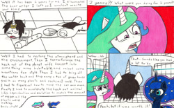Size: 3285x2056 | Tagged: safe, artist:eternaljonathan, princess celestia, princess luna, oc, oc:nemo, alicorn, pony, comic:a new twist, comic, exhausted, female, guardian, horn ring, mare, royal sisters, science fiction, tired, traditional art