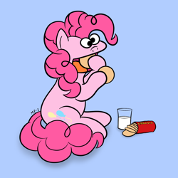 Size: 1400x1400 | Tagged: safe, artist:mr-1, pinkie pie, earth pony, pony, blue background, cookie, cookie monster, crossover, eating, female, food, mare, milk, nom, parody, simple background, solo