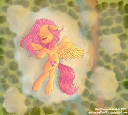 Size: 2000x1800 | Tagged: safe, artist:vampteen83, fluttershy, pegasus, pony, aerial view, cloud, eyes closed, floppy ears, high angle, lying, lying down, on a cloud, on side, open mouth, sleeping, solo, spread wings, wings