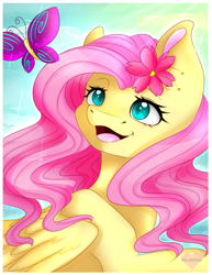 Size: 1545x2000 | Tagged: safe, artist:pillonchou, fluttershy, butterfly, pegasus, pony, flower, flower in hair, nostrils, solo