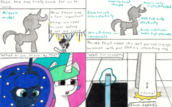 Size: 3287x2051 | Tagged: safe, artist:eternaljonathan, princess celestia, princess luna, oc, oc:nemo, alicorn, pony, comic:a new twist, comic, hose, misspelling, royal sisters, science fiction, stomp, traditional art