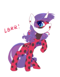 Size: 1200x1527 | Tagged: safe, artist:kkmrarar, rarity, pony, unicorn, clothes, colored pupils, cosplay, costume, crossover, cute, female, mare, mask, miraculous ladybug, open mouth, parody, raised hoof, raribetes, simple background, smiling, solo, white background