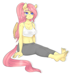 Size: 1116x1184 | Tagged: safe, artist:pettankochanv, fluttershy, anthro, plantigrade anthro, barefoot, belly button, cleavage, clothes, feet, female, looking at you, midriff, ponytail, sitting, soles, solo, tanktop, toes, yoga pants