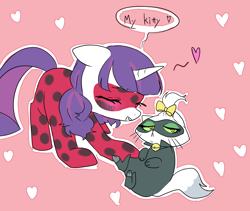 Size: 1200x1011 | Tagged: safe, artist:kkmrarar, opalescence, rarity, pony, unicorn, chat noir, clothes, cosplay, costume, crossover, cute, dialogue, eyes closed, floating heart, heart, miraculous ladybug, parody, pink background, raribetes, simple background