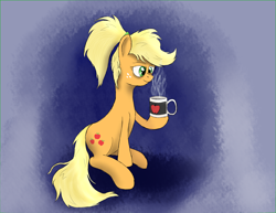 Size: 3850x2975 | Tagged: safe, artist:zaponator, applejack, earth pony, pony, alternate hairstyle, coffee, solo