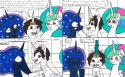 Size: 3297x2050 | Tagged: safe, artist:eternaljonathan, princess celestia, princess luna, oc, oc:j, oc:nemo, alicorn, pony, comic:a new twist, comic, horn ring, long face, royal sisters, science fiction, shark teeth, stretching, traditional art