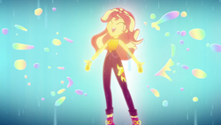 Size: 1920x1080 | Tagged: safe, screencap, sunset shimmer, better together, equestria girls, let it rain, catasterism, clothes, eyes closed, glow, rain, singing, solo, sunshine shimmer