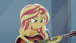 Size: 1920x1080 | Tagged: safe, screencap, sunset shimmer, better together, equestria girls, let it rain, acoustic guitar, cute, guitar, microphone, musical instrument, shimmerbetes, smiling, solo