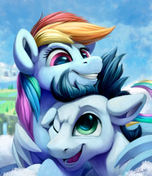 Size: 2000x2317 | Tagged: safe, artist:tsitra360, derpibooru import, rainbow dash, soarin', pegasus, pony, cloud, cute, female, floppy ears, grin, happy, high res, male, mare, one eye closed, open mouth, shipping, sky, smiling, soarindash, stallion, straight