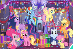 Size: 1541x1027 | Tagged: safe, derpibooru import, applejack, fluttershy, li'l cheese, luster dawn, pinkie pie, princess twilight 2.0, rainbow dash, rarity, twilight sparkle, twilight sparkle (alicorn), alicorn, earth pony, pegasus, pony, unicorn, the last problem, castle, christmas, colt, decoration, female, flying, foal, game, gameloft, holiday, horn, looking at you, male, mare, older, older applejack, older fluttershy, older pinkie pie, older rainbow dash, older rarity, older twilight, present, sitting, standing, wings