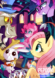 Size: 511x723 | Tagged: safe, artist:pepooni, derpibooru import, angel bunny, discord, fluttershy, pinkie pie, twilight sparkle, twilight sparkle (alicorn), alicorn, earth pony, pegasus, pony, alice in wonderland, card, cheshire cat, clothes, crossover, cup, dress, female, hat, mad hatter, mare, pocket watch, tea, tea party, teacup, top hat, watch, white rabbit