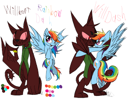 Size: 1150x888 | Tagged: safe, artist:didun850, derpibooru import, rainbow dash, oc, oc:willbert, diamond dog, pegasus, pony, canon x oc, clothes, diamond dog oc, eye clipping through hair, female, flying, male, mare, simple background, text, transparent background, vest