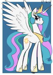 Size: 595x842 | Tagged: safe, artist:casualcolt, princess celestia, alicorn, pony, beautiful, crown, cutie mark, female, hoof shoes, jewelry, mare, multicolored mane, multicolored tail, peytral, praise the sun, purple eyes, regalia, royalty, simple background, smiling, solo, spread wings, tiara