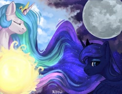 Size: 1967x1511 | Tagged: safe, artist:graypillow, princess celestia, princess luna, alicorn, pony, bust, duo, moon, my little brony risovach, profile, royal sisters, sad, smiling, sun