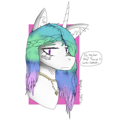 Size: 646x646 | Tagged: safe, artist:itzdatag0ndray, princess celestia, alicorn, pony, alternate hairstyle, braid, dialogue, ear fluff, jewelry, necklace, simple background, solo