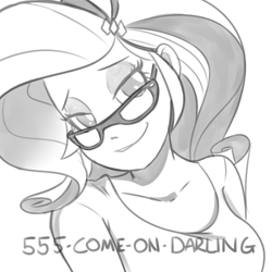 Size: 500x500 | Tagged: dead source, safe, artist:reiduran, rarity, equestria girls, bedroom eyes, bust, clothes, darling, female, glasses, glasses rarity, grayscale, looking at you, monochrome, phone number, rarity's glasses, smiling, smirk, smug, smugity, solo