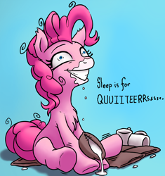 Size: 1458x1554 | Tagged: safe, artist:chromaskunk, artist:stoic5, pinkie pie, earth pony, pony, chest fluff, coffee, female, food, implied drug use, leg twitch, mare, messy mane, pinkie found the coffee, sitting, solo, sugar (food), xk-class end-of-the-world scenario