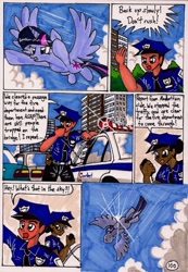 Size: 1376x1993 | Tagged: safe, artist:newyorkx3, derpibooru import, spike, twilight sparkle, twilight sparkle (alicorn), alicorn, human, pony, comic:twilight and the big city, car, comic, female, flying, mare, police, police car, police officer, traditional art