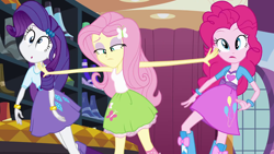 Size: 1280x720 | Tagged: safe, screencap, fluttershy, pinkie pie, rarity, equestria girls, equestria girls (movie), clothes, derp, great moments in animation, impossibly long arms, skirt, stretchy