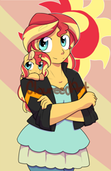 Size: 1650x2550 | Tagged: safe, artist:cloureed, sunset shimmer, pony, unicorn, equestria girls, crossed arms, human ponidox, self ponidox, shoulder pony