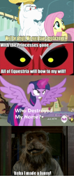 Size: 492x1157 | Tagged: safe, derpibooru import, lord tirek, twilight sparkle, twilight sparkle (alicorn), alicorn, pegasus, pony, blonde, blonde mane, blonde tail, blue eyes, crossing the memes, curtain, ear piercing, exploitable meme, female, image macro, looking to side, looking to the right, male, mare, master splinter, meme, open mouth, piercing, pink mane, pink tail, red eyes, replacement meme, smiling, spread wings, stallion, teenage mutant ninja turtles, teenage mutant ninja turtles iii, text, tirek vs everyone meme, white coat, who destroyed twilight's home, wings, yellow coat