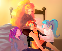 Size: 6767x5633 | Tagged: safe, artist:amazingpuffhair, adagio dazzle, aria blaze, sonata dusk, sunset shimmer, equestria girls, absurd resolution, bed, bedroom, commission, female, lesbian, polyamory, ponytail, shipping, sunata, sunblaze, sunsagio, sunset shimmer gets all the dazzlings, the dazzlings