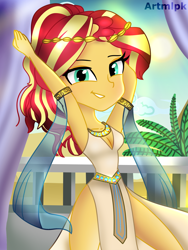 Size: 1800x2400 | Tagged: safe, artist:artmlpk, sunset shimmer, equestria girls, alternate hairstyle, armlet, belly dancer, belly dancer outfit, cleopatra, clothes, costume, crown, cute, design, egypt, egyptian, female, harem outfit, jewelry, looking at you, necklace, outfit, ponytail, pyramid, regalia, shimmerbetes, smiling, smiling at you, smirk, smug, solo