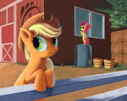 Size: 1024x817 | Tagged: safe, artist:maggwai, apple bloom, applejack, earth pony, pony, apple, barn, bipedal leaning, fence, reflection, smiling, standing, window