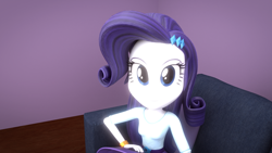 Size: 1280x720 | Tagged: safe, artist:rare-fashions15, rarity, equestria girls, 3d, blender, clothes, looking at you, sitting, skirt, sofa, solo