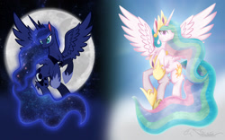 Size: 1600x1000 | Tagged: safe, artist:auveiss, princess celestia, princess luna, alicorn, pony, alicorns only, duo, duo female, female, mare, moon, royal sisters, wallpaper