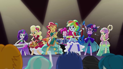 Size: 1280x720 | Tagged: safe, screencap, applejack, captain planet, flash sentry, fluttershy, octavia melody, paisley, pinkie pie, rainbow dash, rarity, sci-twi, sunset shimmer, twilight sparkle, valhallen, equestria girls, legend of everfree, alternate hairstyle, clothes, dress, drums, guitar, humane five, humane seven, humane six, keytar, legend you were meant to be, musical instrument, sleeveless, tambourine, the rainbooms