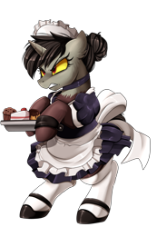 Size: 2343x3395 | Tagged: safe, artist:pridark, discord, pony, unicorn, fanfic:the maid of chaos, angry, bipedal, cake, clothes, commission, dessert, fanfic in the description, fanfic in the source, food, hair bun, hoof hold, maid, male, muffin, outfit, ponified, pony discord, rule 63, shoes, simple background, skirt, socks, solo, thigh highs, transparent background, tray