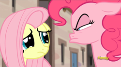 Size: 1440x801 | Tagged: safe, screencap, fluttershy, pinkie pie, earth pony, pegasus, pony, the cutie map, angry, big eyes, cute, disapproval, discovery family logo, eye contact, faic, floppy ears, frown, glare, our town, sad