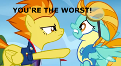 Size: 852x466 | Tagged: safe, derpibooru import, edit, edited screencap, screencap, lightning dust, spitfire, wonderbolts academy, abuse, background pony strikes again, downvote bait, drama bait, dustabuse, op is a cuck, op is trying to start shit, op is wrong