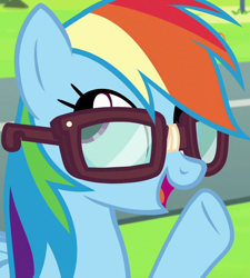 Size: 648x720 | Tagged: safe, derpibooru import, screencap, rainbow dash, pegasus, pony, newbie dash, adorkable, behaving like twilight sparkle, bust, cropped, cute, dashabetes, dork, egghead, egghead dash, female, glasses, mare, nerd, open mouth, rainbow dork, raised hoof, reading rainboom, smiling, solo, talking