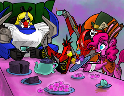 Size: 2183x1700 | Tagged: safe, artist:envyskort, pinkie pie, earth pony, pony, alice in wonderland, breakdown, crossover, energon, knock out, mad hatter, march hare, transformers, transformers prime