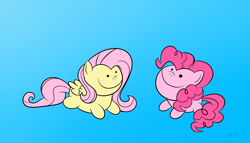 Size: 3500x2000 | Tagged: safe, artist:mr-1, fluttershy, pinkie pie, earth pony, pegasus, pony, chibi, smiling