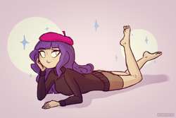 Size: 1576x1050 | Tagged: safe, artist:keetydraws, rarity, human, alternate hairstyle, barefoot, beatnik rarity, beret, clothes, cute, feet, female, hat, humanized, raribetes, solo, sweater