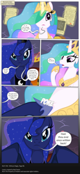 Size: 3300x7150 | Tagged: safe, artist:perfectblue97, princess celestia, princess luna, alicorn, pony, comic:without magic, absurd resolution, armor piercing question, canterlot castle, comic, fireplace, letter