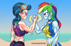 Size: 1379x906 | Tagged: safe, artist:art-2u, derpibooru import, indigo zap, rainbow dash, equestria girls, beach, breasts, busty indigo zap, duo, glasses, handshake, indigo max, muscles, predator (franchise), rainboob dash, rainbuff dash, reference